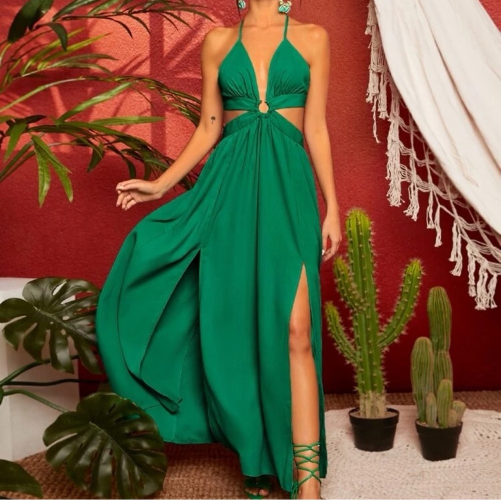 SHEIN Ring Linked Crisscross Green Maxi Dress